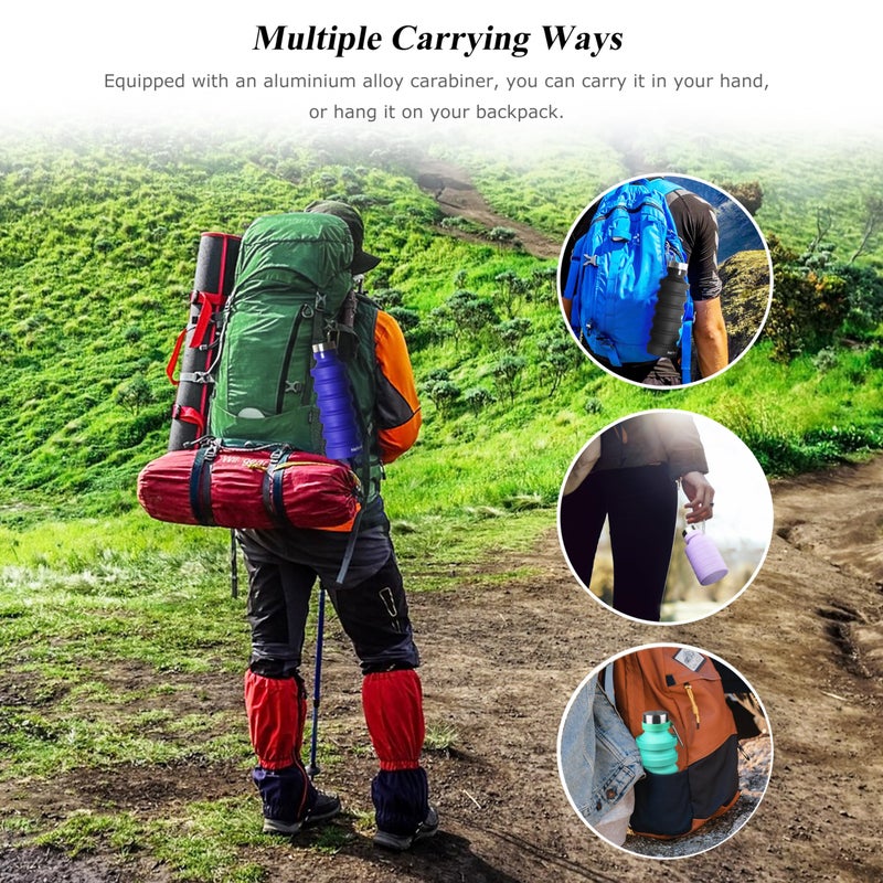 Nefeeko Collapsible Water Bottle, 27oz Reuseable BPA Free Silicone Foldable Water Bottles for Travel Gym Camping Hiking, Portable Leak Proof Sports Water Bottle with Carabiner - Image 3